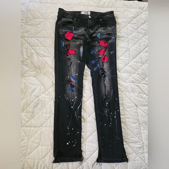 DNA Black Red Rhinestone Patchwork Distressed Jeans - Picture 1 of 9
